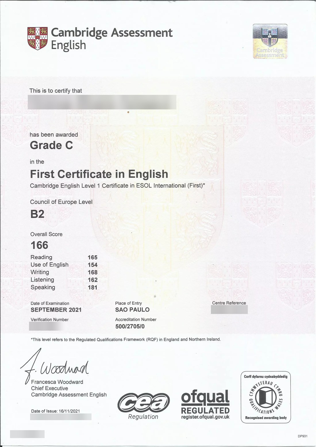 Ejemplo de certificado Cambridge B2 First